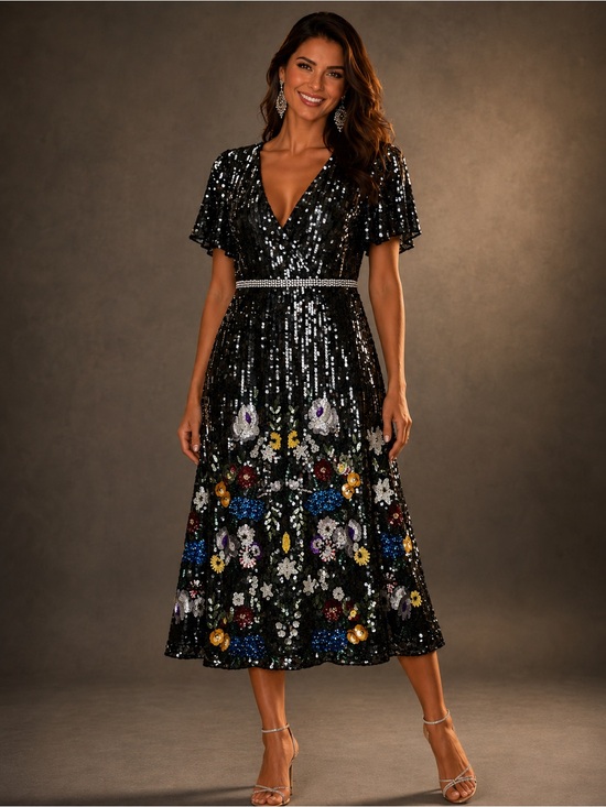 mac duggal sequin floral cocktail midi dress Mac Duggal Floral Beaded Mesh Flutter Sleeve Midi Dress, Womens, 16, Antique Rose